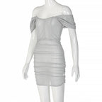 Corset off shoulder textured ruched see through mini dress