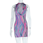 Contrast striped print turnover collar v neck sleeveless mini dress