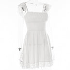Lace hem solid cap sleeve zip-up ruched lace up mini dress
