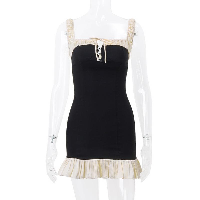 Sleeveless square neck ruffle patchwork contrast mini dress