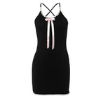 Bowknot ribbon lace hem u neck cross back backless cami mini dress