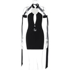 Flower applique contrast self tie halter backless hollow out mini dress