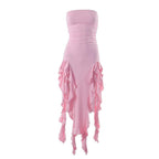Solid slit irregular ruffle ribbon backless tube midi dress