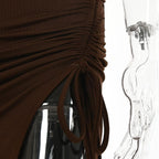 Drawstring halter self tie backless slit hollow out ruched midi dress