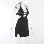 Beaded solid halter backless hollow out slit mini dress