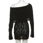 Crochet off shoulder long sleeve hollow out mini dress