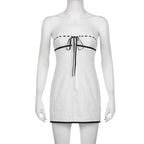 Textured contrast stitch self tie button backless tube mini dress