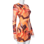 Contrast print long sleeve crewneck mini dress