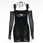 Gloves mesh corset off shoulder hollow out long sleeve halter mini dress
