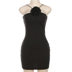 Flower applique solid sleeveless backless mini dress