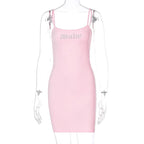 Beaded solid square neck backless cami mini dress