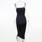 Lace up solid irregular backless square neck midi dress