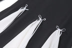Long flared sleeve bowknot self tie u neck contrast patchwork mini dress
