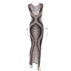 Round neck open back print  sleeveless maxi dress