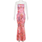Lace up flower print contrast backless tube maxi dress