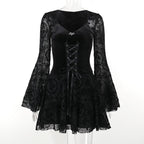 Flared sleeve velvet lace up solid patchwork mini dress