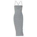 Cross back lace up self tie backless solid square neck midi dress