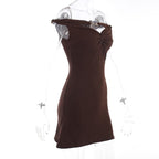 Textured off shoulder metal chain knotted mini dress