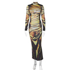 Long sleeve high neck print abstract midi dress