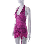 Contrast print halter drawstring backless corset ruched mini dress