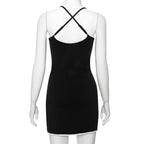Bowknot ribbon lace hem u neck cross back backless cami mini dress