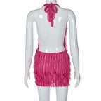 Textured ruffle solid halter self tie v neck backless mini dress