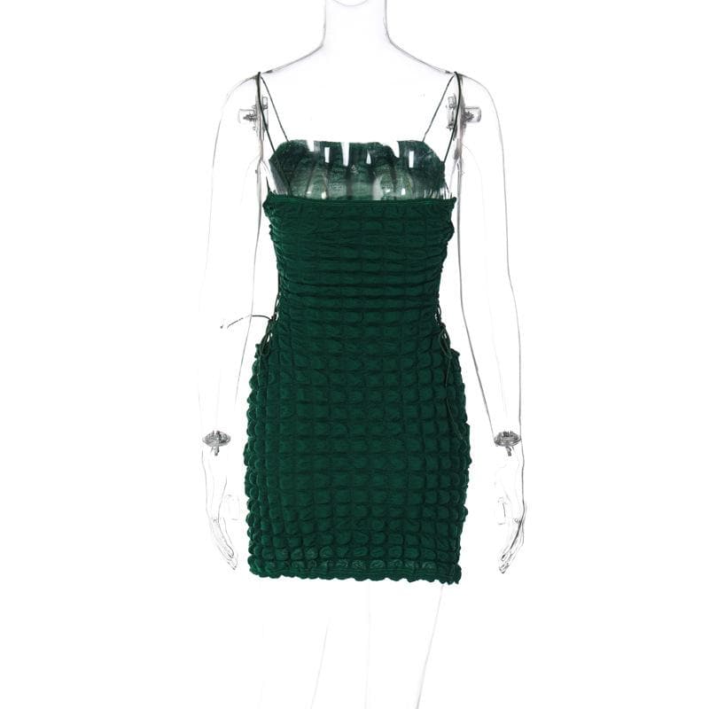 Waffle solid lace up spaghetti strap backless mini dress