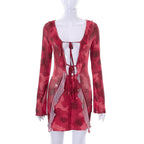 Long sleeve contrast print self tie ruffle mini dress