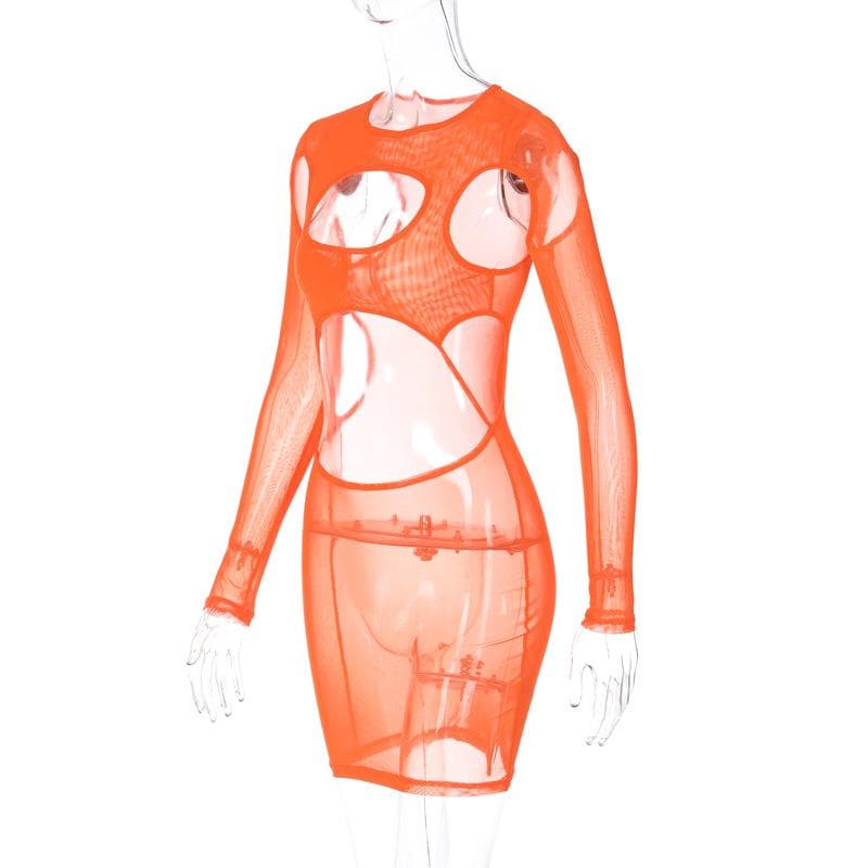 Long sleeve hollow out sheer mesh see through mini dress