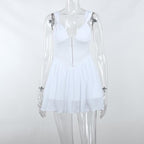 Button patchwork chiffon ruffle low cut mini dress - Final Sale