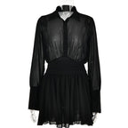 Turnover collar button long sleeve ruched zip-up chiffon mini dress