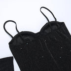Gloves solid beaded slit sweetheart neck cami mini dress