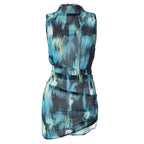 Chiffon tie dye high neck ruched contrast sleeveless zip-up mini dress