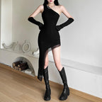 Mesh one shoulder solid irregular gloves sleeveless midi dress