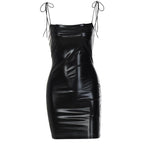Sleeveless solid PU leather self tie backless mini dress