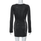 Long sleeve cowl neck ruched glitter solid mini dress