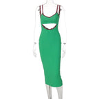 Hollow out V neck ribbed midi dress