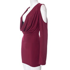 Long flared sleeve off shoulder cowl neck ruched solid mini dress