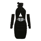 Halter backless velvet gloves hollow out ruched solid mini dress