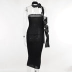 Flower applique solid lace up ribbon tube midi dress