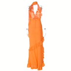 Halter v neck backless ruffle zip-up solid maxi dress