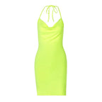 Solid cowl neck halter backless slit mini dress
