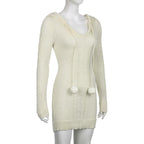 Crochet solid long sleeve hoodie v neck hairball mini dress - Final Sale