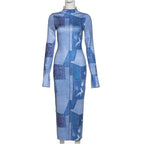 Denim print long sleeve high neck stitch contrast slit maxi dress
