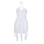 Ruffle halter solid cross front backless self tie mini dress