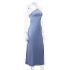 Lace hem halter contrast zip-up backless midi dress