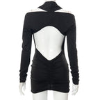 Deep v neck long sleeve open back solid ruched mini dress