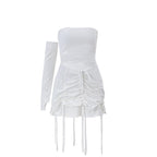 Solid irregular gloves off shoulder drawstring hollow out mini dress