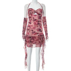 Flower print contrast gloves buckle ruched halter backless ruffle mini dress