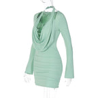 Long sleeve cowl neck halter solid mini dress